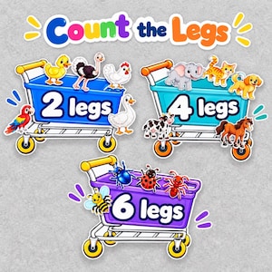 Puede incluir: Un gráfico educativo titulado Count the Legs con tres carritos de compra. Un carrito azul marcado 2 legs con un pato, avestruz, pollo, loro y ganso. Un carrito turquesa marcado 4 legs con un elefante, gato, perro, vaca y caballo. Un carrito morado marcado 6 legs con un escarabajo, mariquita, hormiga y abeja.