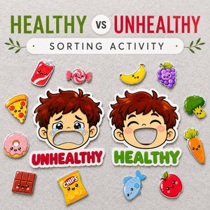 Pode incluir: Um jogo de classificação Healthy vs Unhealthy com dois rostos de desenho animado com a boca aberta, um chorando e rotulado como Unhealthy, o outro sorrindo e rotulado como Healthy. Inclui ícones de comida como refrigerante, pizza, donut, chocolate, batatas fritas, banana, uvas, brócolis, cenoura, peixe e maçã.