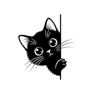May include: A black and white graphic decal featuring a stylized black kitten peeking out from behind a vertical line. The kitten has large, round eyes, pointed ears, long whiskers, and one small paw visible, rendered in a solid black silhouette style.