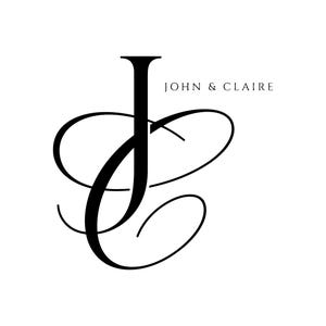 May include: A black graphic logo featuring a large, stylised, intertwined monogram of the letters J and C. The text JOHN & CLAIRE is printed in a simple, clean, black serif font to the right of the upper portion of the large letter J.