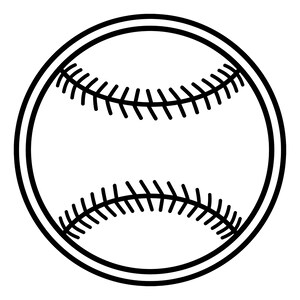 Può includere: Un'illustrazione in bianco e nero a linee di una palla da baseball. Il design presenta un contorno circolare con due file curve e parallele di cuciture posizionate al centro, che imitano l'aspetto classico di una palla da baseball standard.