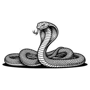 May include: A black and white line art illustration of a cobra snake in a coiled, upright position. The snake features a flared hood, detailed scales across its body, and a forked tongue extending from its mouth, rendered in a bold graphic style.