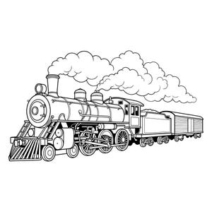 May include: A black and white line art illustration of a steam locomotive train with a cowcatcher, large wheels, and a smokestack emitting thick, billowing clouds of smoke. The train is connected to a tender and a boxcar, shown in profile view.