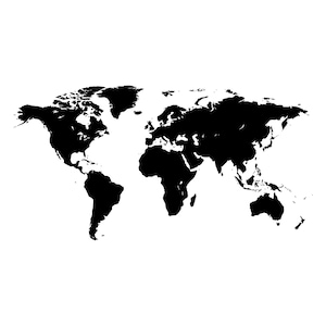 Puede incluir: Una silueta negra de alto contraste de un mapa mundial que muestra los continentes de América del Norte, América del Sur, Europa, África, Asia y Australia. Las masas terrestres están representadas en negro sólido sobre un fondo blanco.