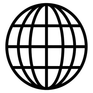Puede incluir: Un icono gráfico en blanco y negro de un globo terráqueo con un contorno circular y líneas verticales y horizontales que se cruzan representando meridianos y paralelos. El diseño es sencillo, limpio y simétrico, mostrando un planeta.
