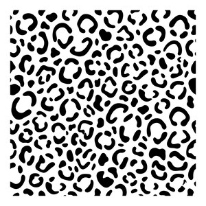 May include: A repeating pattern featuring black, irregular, C-shaped and circular spots distributed across a solid white background. The graphic design consists of various sized, disconnected dark markings that create a continuous leopard print motif.