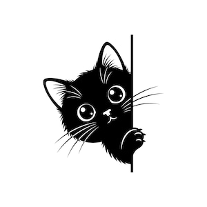 May include: A black and white graphic illustration of a kitten peeking from behind a vertical line. The kitten has large, round eyes, pointed ears, and long whiskers, with one small paw visible as it reaches out from the edge of the straight line.