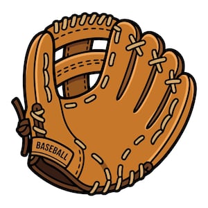 Puede incluir: Una ilustración de un guante de béisbol color canela con contornos negros gruesos, que presenta cordones de color claro en los dedos y la palma, un bolsillo de red y la palabra BASEBALL impresa en letras mayúsculas negras en la muñeca.