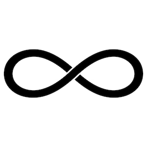 Puede incluir: Un símbolo de infinito negro sólido centrado sobre un fondo blanco liso. El diseño presenta una línea continua, suave y en bucle que se cruza en el medio, formando dos bucles simétricos, redondeados y de forma ovalada a cada lado del símbolo.