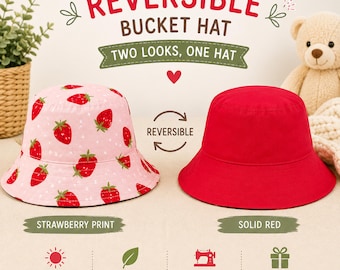 Reversible Strawberry Kids Bucket Hat | Handmade Toddler Sun Hat | Strawberry Print & Solid Red Bucket Hat | Baby Sun Hat | Summer Hat Kids
