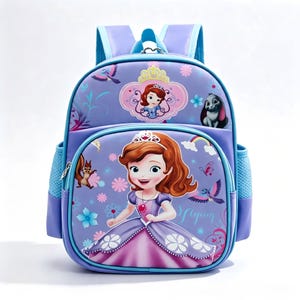 May include: A light purple backpack featuring a large graphic of a cartoon princess with brown hair and a purple dress on the front pocket. The design includes a smaller princess portrait, a rabbit, a squirrel, birds, flowers, and a rainbow.