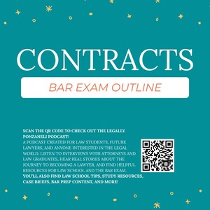 May include: A teal educational document titled CONTRACTS BAR EXAM OUTLINE in white and orange text. It features a pattern of small yellow stars and dots, a QR code, and text promoting the Legally Ponzaneli podcast for law students and future lawyers.