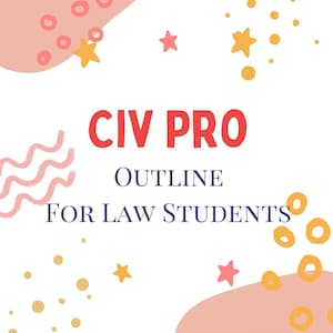 May include: A white document cover titled CIV PRO OUTLINE FOR LAW STUDENTS in red and dark blue text. The design features pink and orange abstract shapes, wavy lines, small stars, and dots. A small pink rectangle at the bottom reads Legally Ponzaneli.