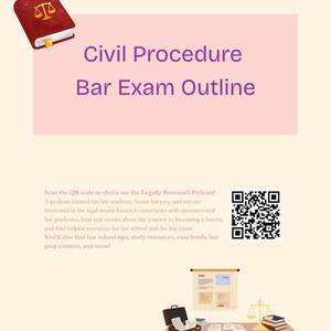 May include: A digital flyer titled Civil Procedure Bar Exam Outline featuring a red book with a gold scale of justice icon, a QR code, and text describing the Legally Ponzaneli Podcast. Below, a desk illustration shows a briefcase, papers, and a scale.
