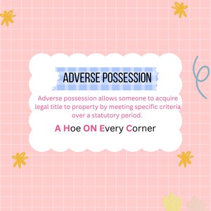 May include: A pink grid-patterned graphic featuring a white scalloped-edge box containing the text ADVERSE POSSESSION, a definition of the legal term, and the phrase A Hoe ON Every Corner, decorated with yellow flowers and blue swirls.