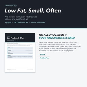 May include: A digital document titled Pancreatitis: Low Fat, Small, Often. The text includes instructions regarding dietary habits and alcohol consumption, referencing NIDDK and MedlinePlus. It specifies 9 pages, US Letter and A4 formats.
