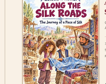 May include: A digital book cover titled Maya & Leo: Wonders of the Past, Along the Silk Roads, The Journey of a Piece of Silk. The illustration depicts two children and a merchant at a market stall with colourful fabrics and goods.