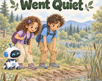 May include: A children's book cover titled Earth Keeper Adventures Maya & Leo: The Pond That Went Quiet. It features a girl with curly hair, a boy with a backpack, and a small white robot looking at a frog by a pond in a forest.
