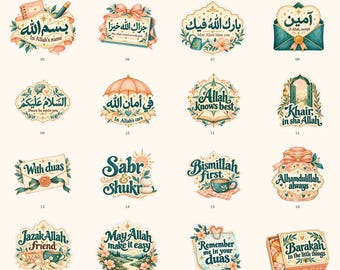 May include: A collection of 24 decorative stickers featuring Islamic phrases and English text, including MashaAllah, Bismillah, and Sabr & Shukr. Each sticker displays colourful illustrations like flowers, envelopes, and tea cups in a soft pastel palette.
