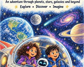May include: A book cover titled Maya & Leo's Mission Through Space: An adventure through planets, stars, galaxies and beyond. Explore, Discover, Imagine. It features two children and a small robot in a spaceship against a space background.