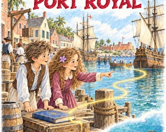 May include: A watercolour illustration titled Maya & Leo: Wonders of the Past, The Sunken City of Port Royal. Two children stand on a wooden dock, pointing towards a ship, while a glowing blue book rests on a crate, revealing underwater ruins.