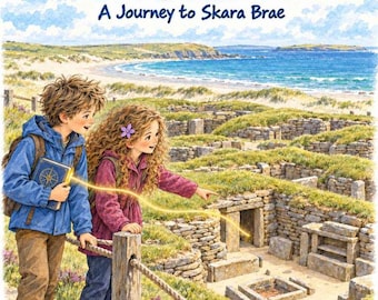 May include: A book cover illustration titled Maya & Leo: Wonders of the Past, The Stone House Mystery, A Journey to Skara Brae. It depicts two children looking at ancient stone ruins near a coastline, with a glowing light trail.
