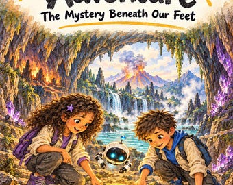 May include: A book cover titled Maya & Leo's Extreme Earth Adventure: The Mystery Beneath Our Feet. It features two children and a small robot examining a glowing stone compass on the ground, set against a backdrop of a cavern, crystals, and a volcano.