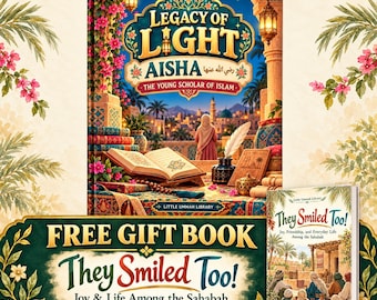 May include: A hardback book titled Legacy of Light Aisha The Young Scholar of Islam featuring an illustration of a person in a desert city, with a free gift book titled They Smiled Too Joy and Life Among the Sahabah included.