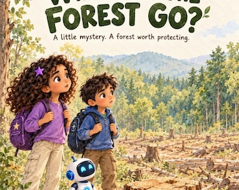 May include: A book cover titled Maya & Leo Earth Keeper Adventures: Where Did The Forest Go? A little mystery. A forest worth protecting. It features a girl, a boy, and a small robot standing before a deforested landscape with tree stumps.