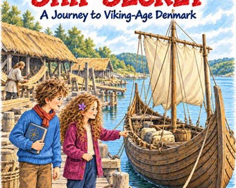 May include: A book cover titled Maya & Leo: Wonders of the Past, The Viking Ship Secret, A Journey to Viking-Age Denmark. The illustration shows two children on a wooden dock pointing at a wooden Viking ship with a sail in the water.