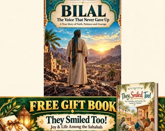 May include: A book titled Legacy of Light: Bilal, The Voice That Never Gave Up, featuring a figure in traditional robes overlooking a desert city at sunset. A second book, They Smiled Too!, is included as a free gift with this purchase.