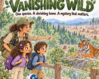 May include: A book cover titled Maya & Leo Earth Keeper Adventures The Vanishing Wild. It features two children and a small robot looking at a tiger in a forest clearing. The text reads: One species. A shrinking home. A mystery that matters.