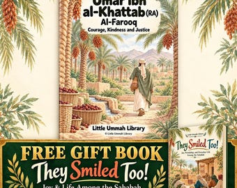 May include: A book titled Umar ibn al-Khattab (RA) Al-Farooq: Courage, Kindness and Justice, featuring an illustration of a person walking through a date palm grove. A smaller book titled They Smiled Too! is also shown with a group scene.