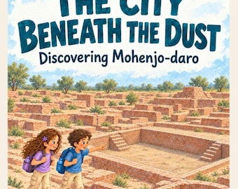May include: A book cover titled Maya & Leo Explore Wonders of the Past: The City Beneath the Dust, Discovering Mohenjo-daro. The illustration shows two children with backpacks walking through ancient brick ruins under a blue sky.
