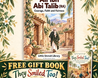 May include: Two books titled Ali ibn Abi Talib (RA) Courage, Faith and Fairness and They Smiled Too! Joy, Friendship, and Everyday Life Among the Sahabah. The covers feature illustrations of historical desert architecture, palm trees, and figures.
