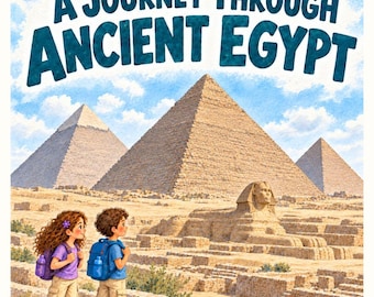 May include: A book cover titled Maya & Leo Explore Wonders of the Past: A Journey Through Ancient Egypt. The illustration shows two children with backpacks standing before the Great Pyramids and the Sphinx under a bright blue sky.