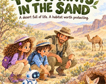 May include: A book cover titled Maya & Leo Earth Keeper Adventures Footprints in the Sand. It features two children and an adult in hats and backpacks, a small white robot, and a fennec fox in a desert landscape with a camel.