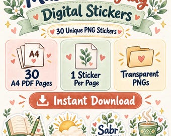 May include: A digital sticker collection titled Little Ummah Library Muslim Everyday Digital Stickers featuring 30 unique PNG stickers, 30 A4 PDF pages, and transparent PNG files. Includes illustrations of a book, sun, and chai cup.