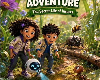 May include: A poster titled Maya & Leo's Tiny World Adventure: The Secret Life of Insects featuring two children and a small robot exploring a garden with a ladybug, a beetle, a bee, and an ant. The text 2026 Bright Primary Printables is at the bottom.