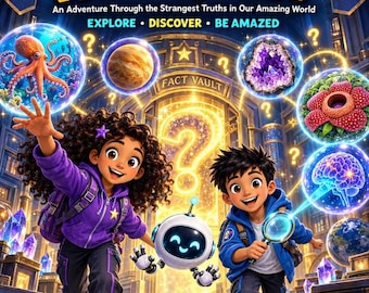 May include: A book cover titled Maya & Leo's Weird & Wonderful Fact Quest featuring two children and a small robot in front of a glowing Fact Vault. Floating bubbles display an octopus, a planet, an amethyst, a flower, and a human brain.