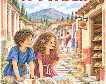 May include: A colourful illustration titled Maya & Leo: Wonders of the Past, The Buried Streets of Pompeii. Two children look at an open book while standing on a stone street in an ancient city with a bakery and a mountain in the background.
