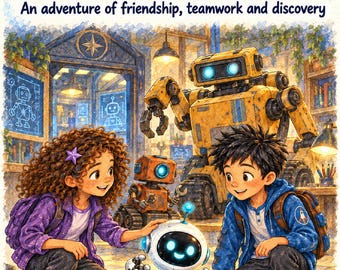 May include: A book cover titled Maya & Leo's Robot Rescue: An adventure of friendship, teamwork and discovery. It features a girl with curly hair and a boy with dark hair interacting with three robots in a workshop setting.