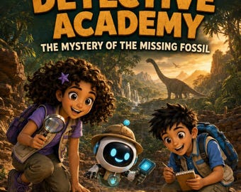 May include: A book cover titled Maya & Leo's Dinosaur Detective Academy: The Mystery of the Missing Fossil. It features two children and a small robot exploring a prehistoric landscape with a dinosaur in the background and fossilised footprints.