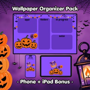 Puede incluir: Un paquete de organizador de fondo de pantalla digital con fondo morado y motivos de Halloween que incluyen calabazas, arañas, murciélagos y una linterna. El diseño incluye secciones etiquetadas como apps, folders, in progress y notes, además de pantallas extra para teléfono e iPad.