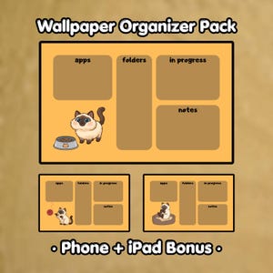 Puede incluir: Un paquete de organizador de fondo de pantalla digital con fondo amarillo y secciones marrones etiquetadas como apps, folders, in progress y notes. El diseño incluye ilustraciones de un gato siamés con un cuenco, un ovillo y una cama.