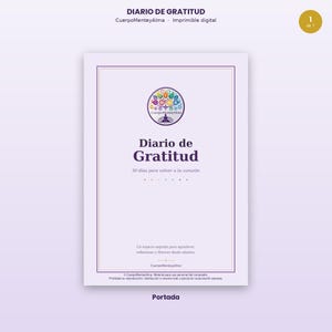 Puede incluir: Una portada de diario de gratitud digital titulada Diario de Gratitud con el subtítulo 30 días para volver a tu corazón. El diseño presenta una ilustración circular de un árbol con hojas coloridas y un borde morado sobre fondo lavanda.