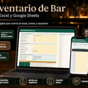 May include: A digital bar inventory template for Excel and Google Sheets displayed on a laptop and smartphone screen. The interface shows configuration settings and product lists with text in Spanish. Includes six sheets for stock control.