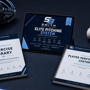 May include: A Smith Baseball Development training kit featuring a tablet displaying the Elite Pitching System, two spiral-bound manuals titled Exercise Library and Player Performance Center, a navy blue baseball glove, and a white baseball.