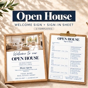 Pode incluir: Um conjunto de dois modelos impressos para uma visita de casa aberta, incluindo um sinal de boas-vindas e uma folha de registo. O sinal de boas-vindas apresenta uma foto de uma sala de estar e o texto Welcome to our OPEN HOUSE. A folha de registo tem campos para contactos.