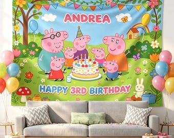 Arazzo personalizzato per compleanno a tema famiglia di maialini, sfondo per feste personalizzato con nome ed età, decorazione da parete per compleanno bambini, decorazione colorata per compleanno